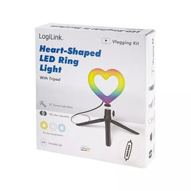 Luz de preenchimento LED em anel LOGILINK AA0155 com forma de coração e tripé, 20,5 cm, 10 níveis de brilho, 3000K-6000K, USB-A