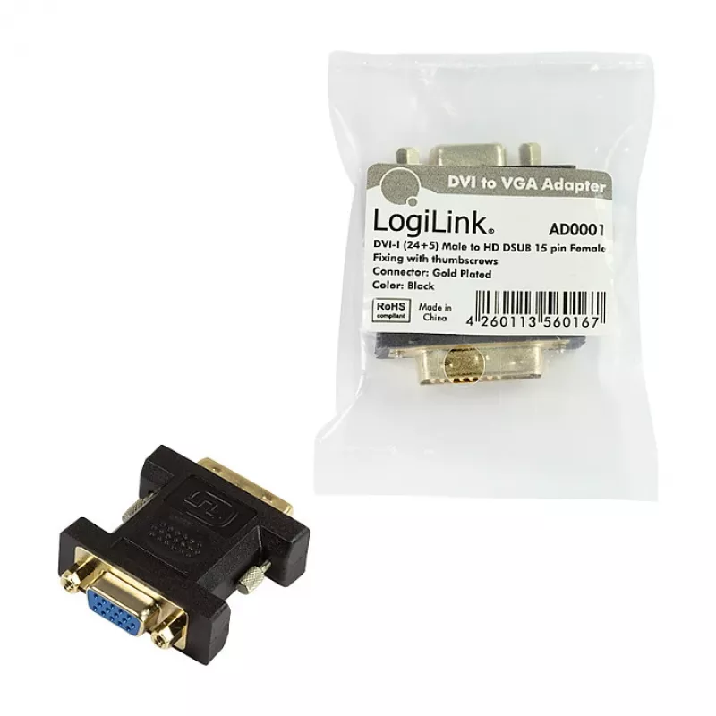 LogiLink AD0001 adaptador DVI-I para VGA, ficha DVI-I para conector fêmea HD15, 1080p, preto