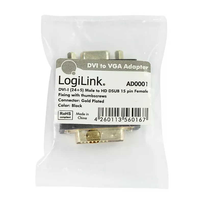 LogiLink AD0001 adaptador DVI-I para VGA, ficha DVI-I para conector fêmea HD15, 1080p, preto