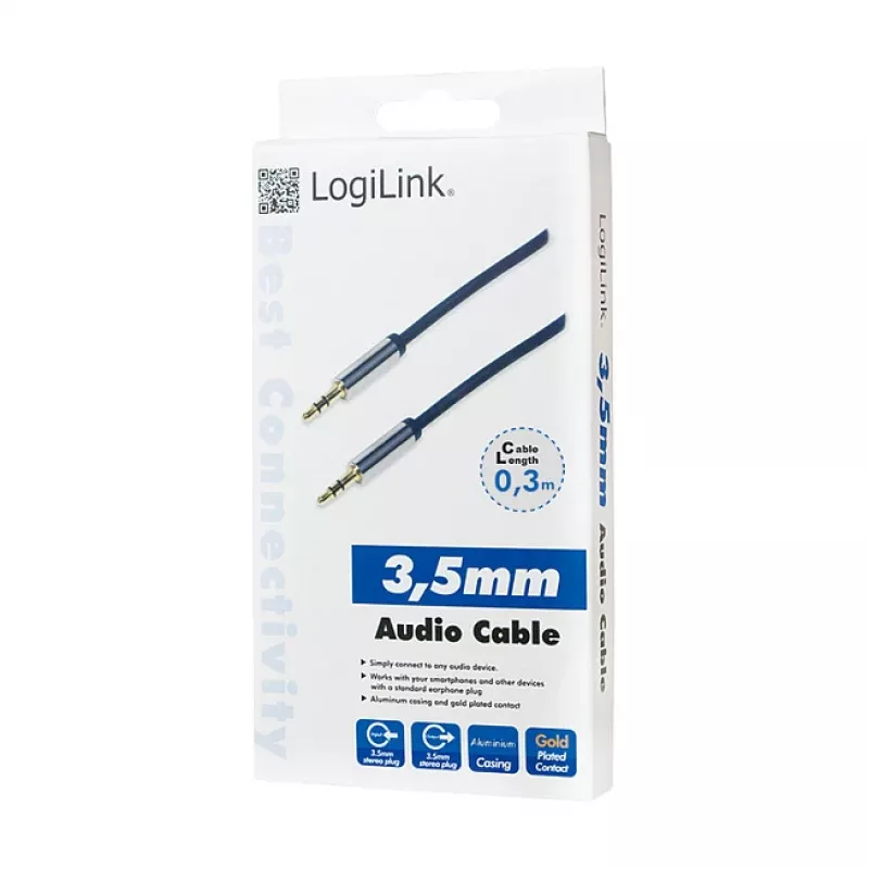 Cabo de auscultadores LogiLink CA10030 Premium 3,5 mm TRS, fichas metálicas, azul, 0,3 m