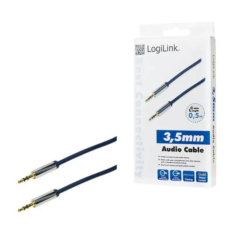 LogiLink CA10050 Cabo de áudio estéreo ficha TRS 3,5 mm para ficha TRS 3,5 mm, fichas metálicas, azul, 0,5 m