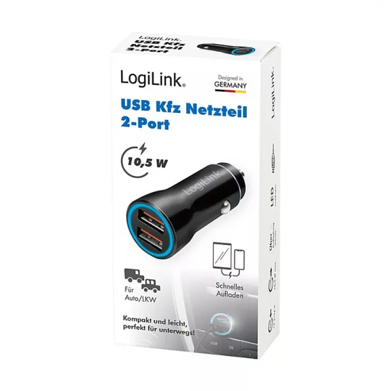 LogiLink PA0285 carregador USB de automóvel 2 portas 10,5 W, com LED, preto