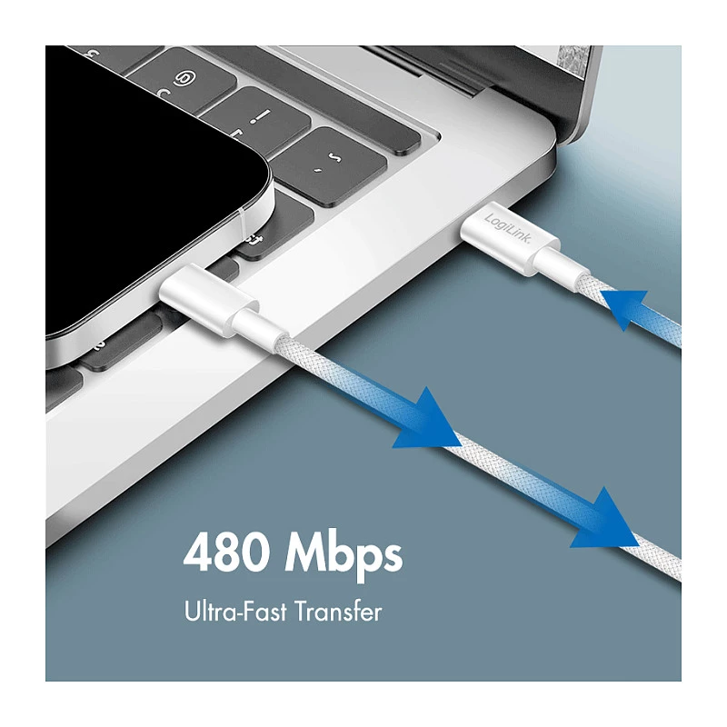 Cabo LogiLink CU0320 USB 2.0 Type-C, USB-A para USB-C, 480 Mbps, 60W, nylon trançado, branco, 0,5 m
