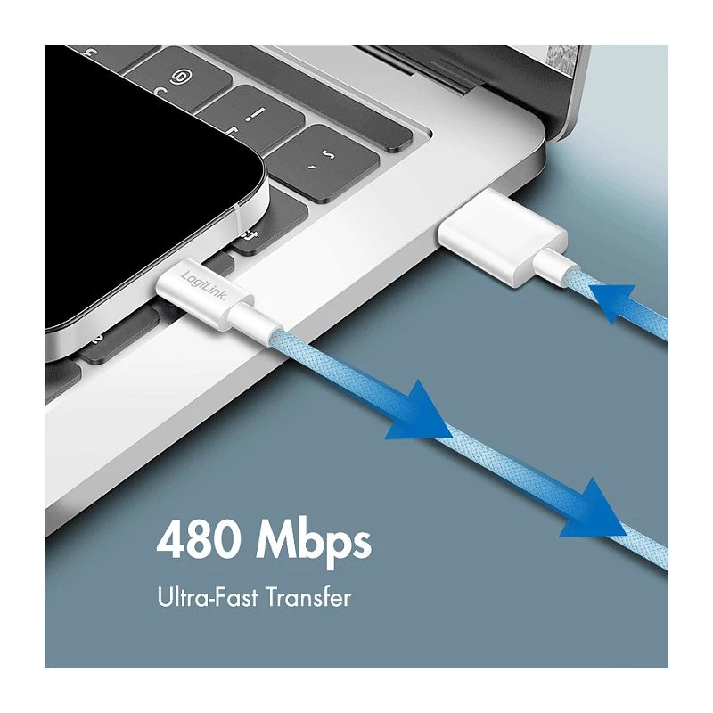 LogiLink CU0329 Cabo USB 2.0 Type-C, A/M para C/M, 480 Mbps, 60W, Nylon, Azul, 0,5 m