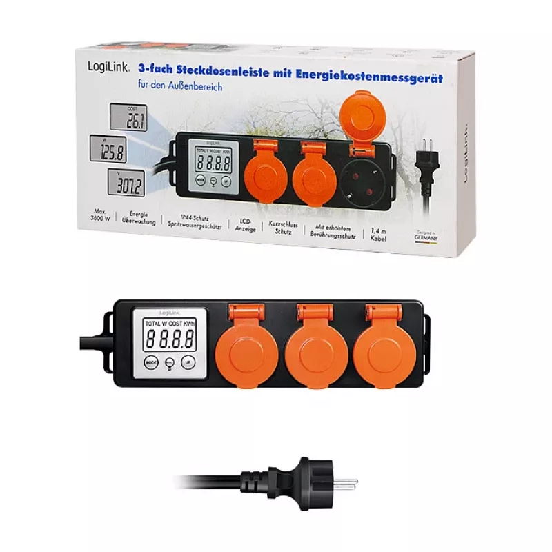 LogiLink Medidor de custo de energia para exterior com 3 tomadas