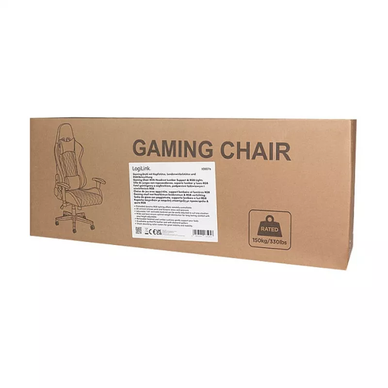 Cadeira gaming LogiLink EO0076 com iluminação RGB, apoio lombar, preto/azul
