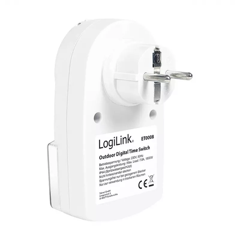 Temporizador digital exterior LOGILINK ET0008 - IP44, 10 programas ON/OFF, 16A/3680W, Schuko (tipo F), preto/cinzento