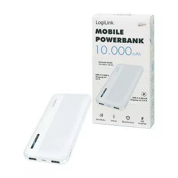 Power bank móvel Logilink, LiPo, 10000 mAh, USB-C entrada/saída, branco