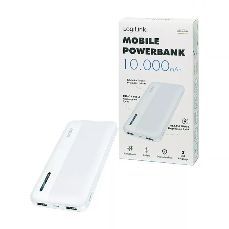 Power bank móvel Logilink, LiPo, 10000 mAh, USB-C entrada/saída, branco