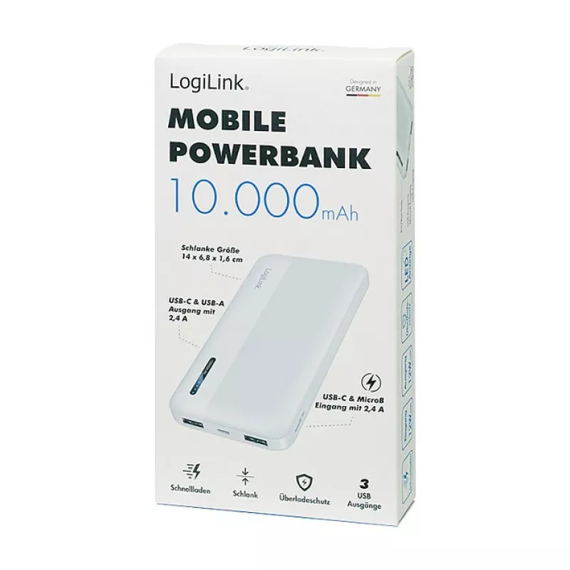 Power bank móvel Logilink, LiPo, 10000 mAh, USB-C entrada/saída, branco