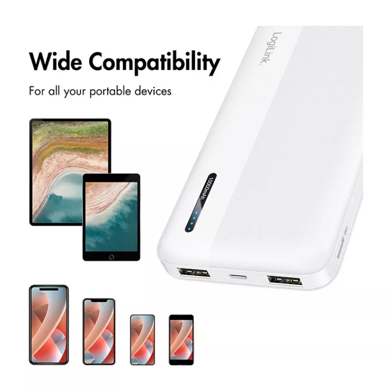 Power bank móvel Logilink, LiPo, 10000 mAh, USB-C entrada/saída, branco