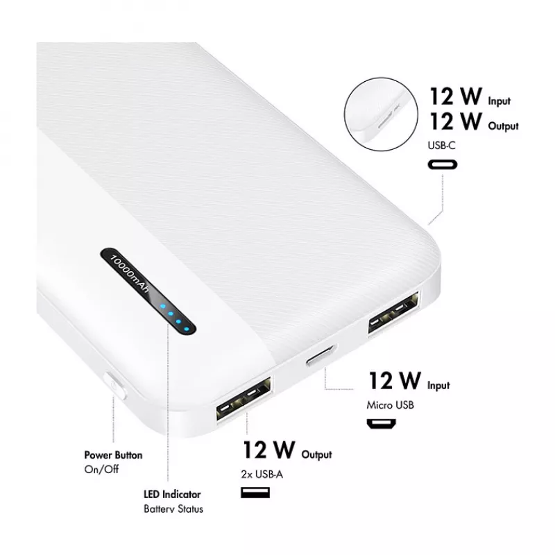 Power bank móvel Logilink, LiPo, 10000 mAh, USB-C entrada/saída, branco