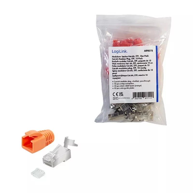 Ficha modular LogiLink RJ45 Cat.6A STP Pass Through, pack de 10