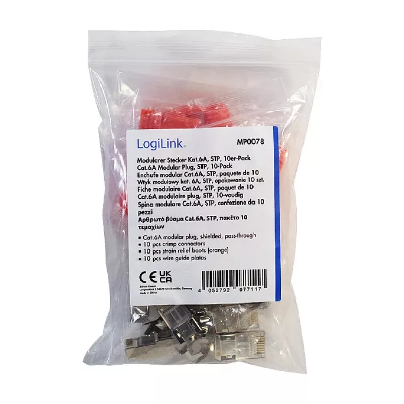 Ficha modular LogiLink RJ45 Cat.6A STP Pass Through, pack de 10