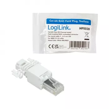Ficha modular LogiLink RJ45 Cat.6A, UTP, sem ferramentas, branca