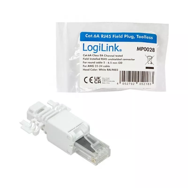 Ficha modular LogiLink RJ45 Cat.6A, UTP, sem ferramentas, branca