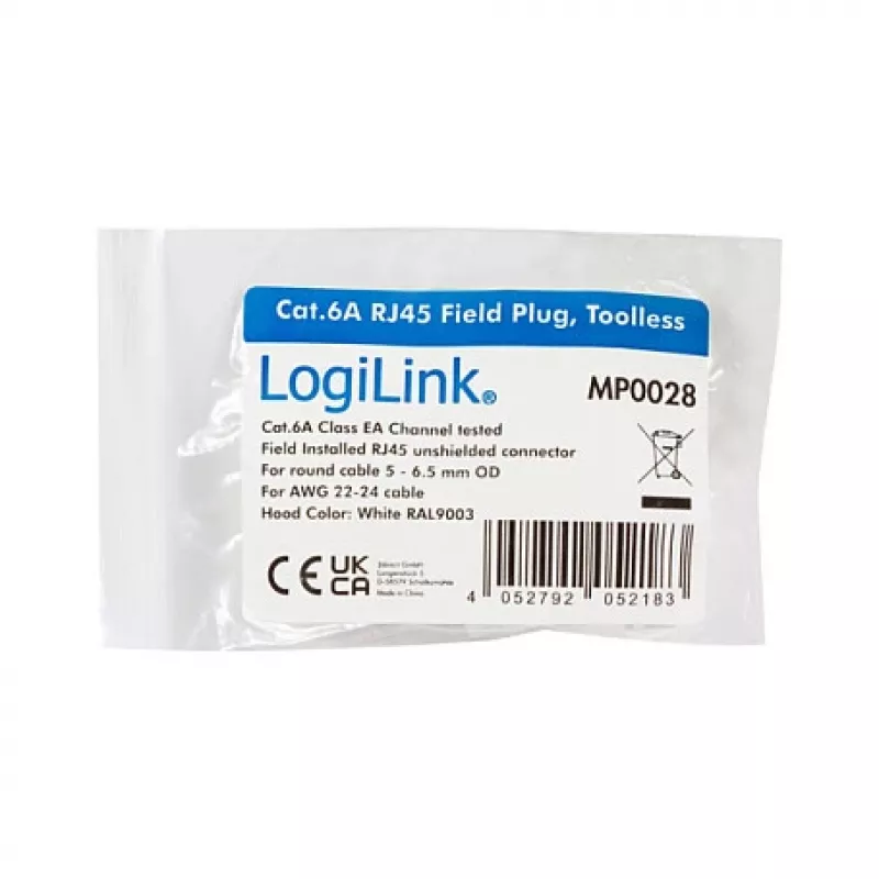 Ficha modular LogiLink RJ45 Cat.6A, UTP, sem ferramentas, branca