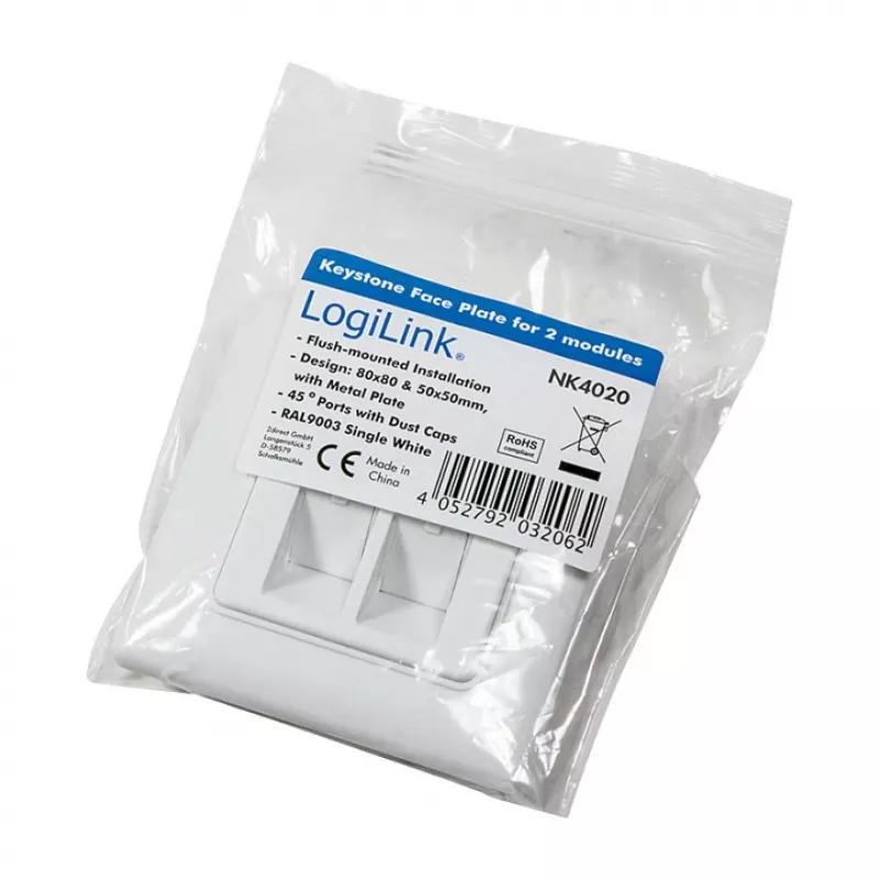 LogiLink NK4020 tomada de parede keystone, embutir, 2 módulos, branco sinal
