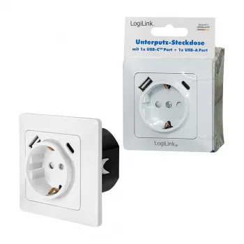 LOGILINK PA0253 Tomada de parede com 1 tomada Schuko, 1 porta de carregamento USB-A e 1 USB-C, 3,1 A, branco