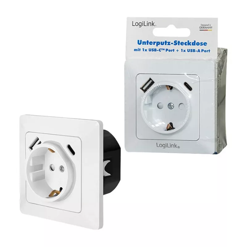 LOGILINK PA0253 Tomada de parede com 1 tomada Schuko, 1 porta de carregamento USB-A e 1 USB-C, 3,1 A, branco