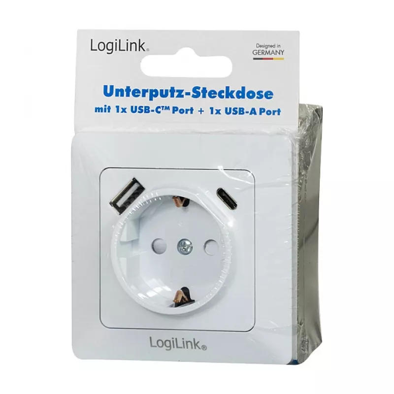 LOGILINK PA0253 Tomada de parede com 1 tomada Schuko, 1 porta de carregamento USB-A e 1 USB-C, 3,1 A, branco