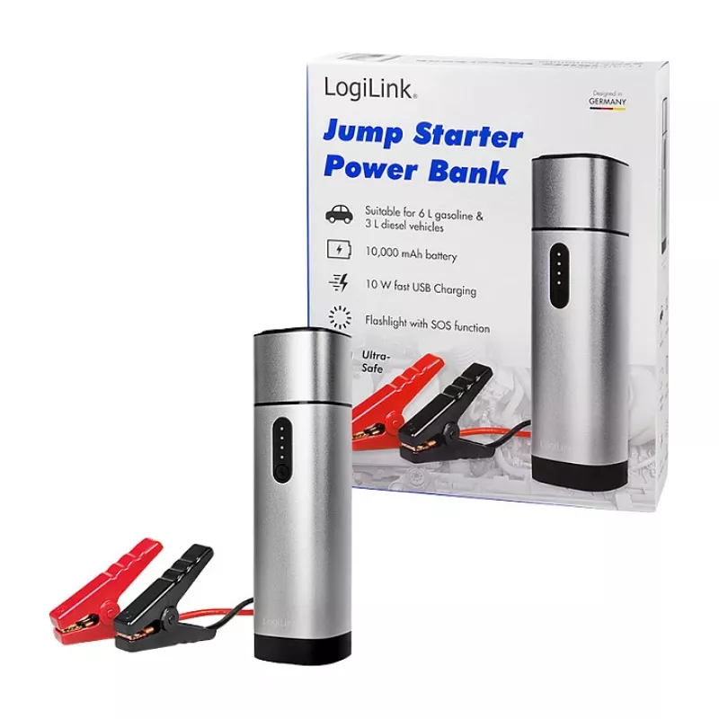 Logilink PA0266 Arrancador e powerbank, 10000 mAh, 12V/400A pico, USB-C PD, lanterna LED