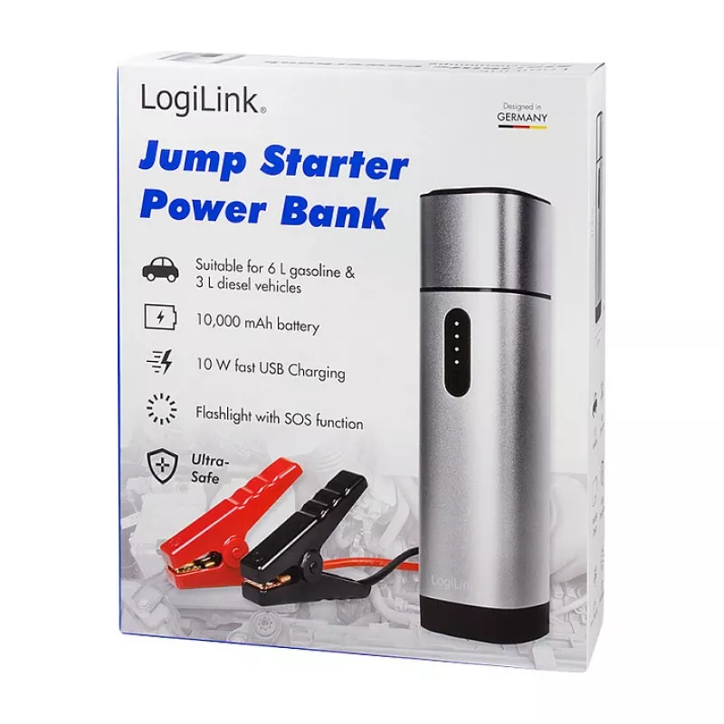 Logilink PA0266 Arrancador e powerbank, 10000 mAh, 12V/400A pico, USB-C PD, lanterna LED