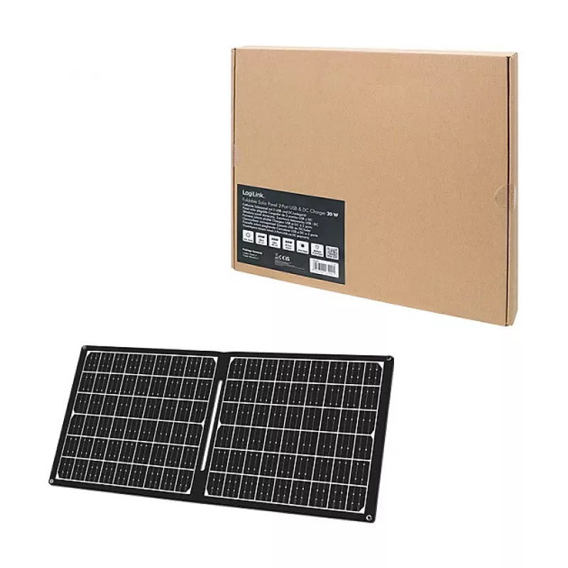 LOGILINK PA0341 Painel Solar Dobrável - 30W, USB-C & USB-A & saída DC, monocristalino, IPX4 resistente a salpicos