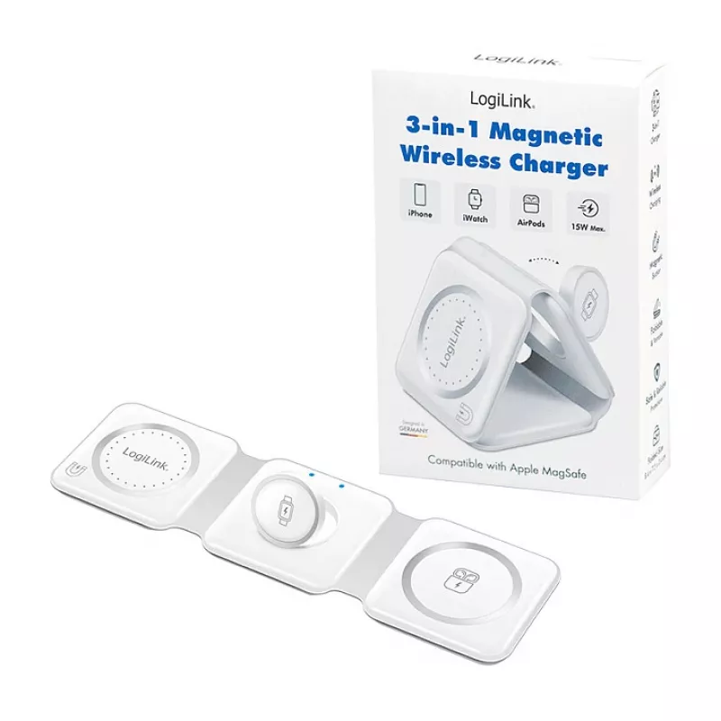 LOGILINK PA0344 carregador magnético 3-em-1 para dispositivos Apple, branco, dobrável, MagSafe, 15W