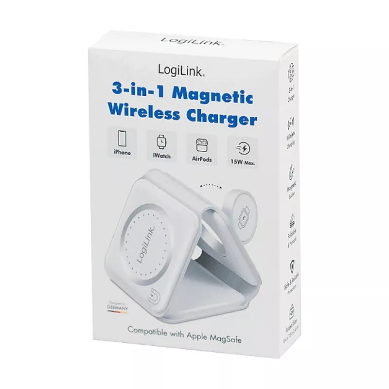 LOGILINK PA0344 carregador magnético 3-em-1 para dispositivos Apple, branco, dobrável, MagSafe, 15W