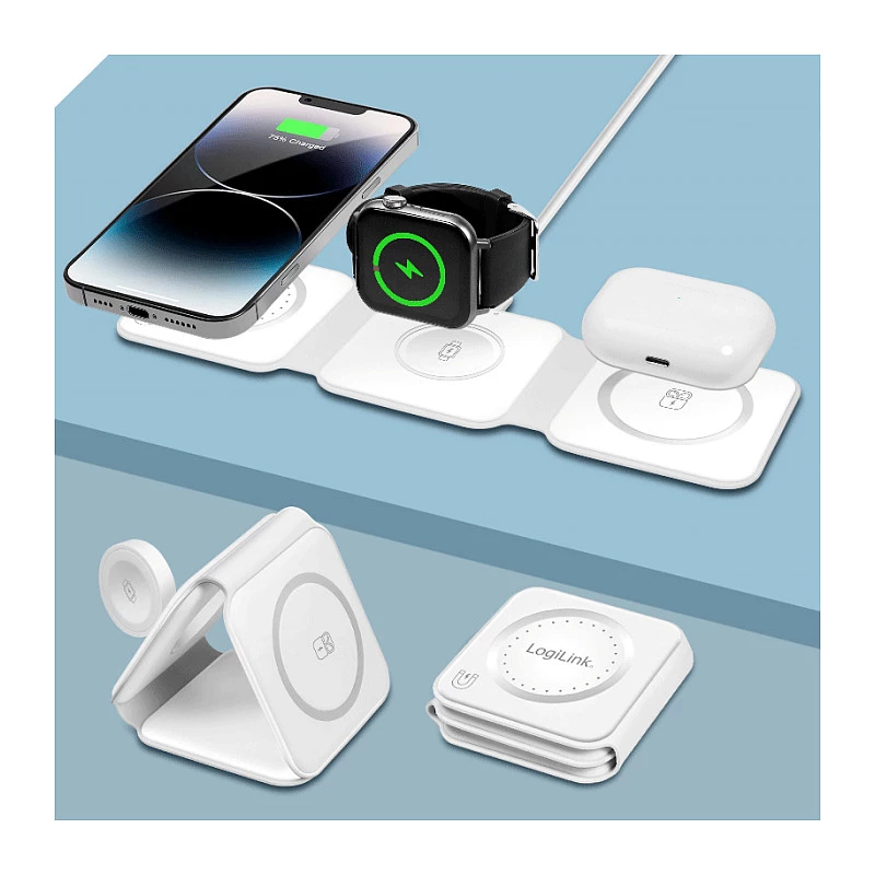LOGILINK PA0344 carregador magnético 3-em-1 para dispositivos Apple, branco, dobrável, MagSafe, 15W
