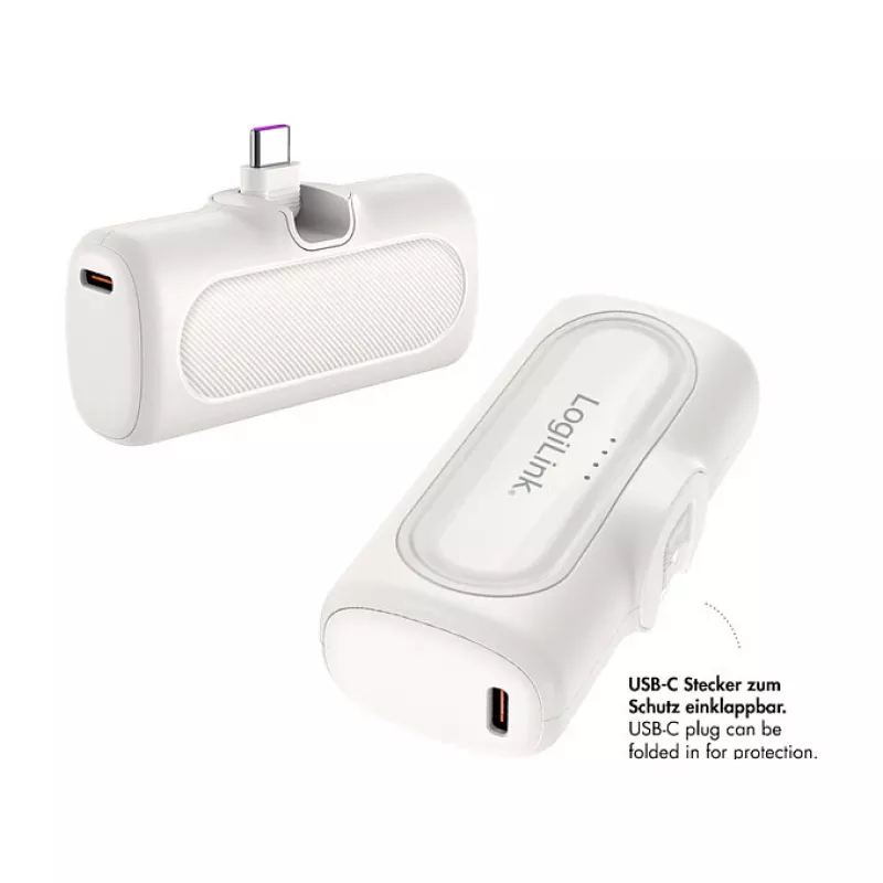 LogiLink PA0349W Power Bank Portátil, 5000 mAh, LiPo, Ficha USB-C Dobrável Integrada e Conector USB-C, Branco