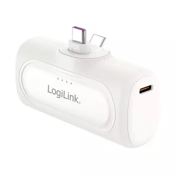 LogiLink PA0349W Power Bank Portátil, 5000 mAh, LiPo, Ficha USB-C Dobrável Integrada e Conector USB-C, Branco