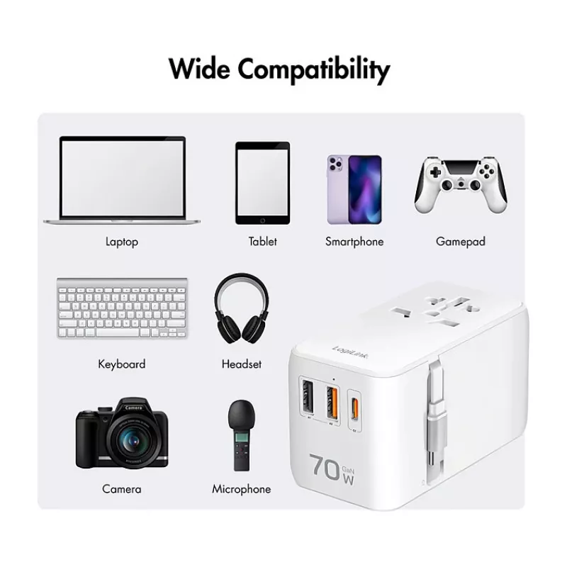 LOGILINK PA0357 Carregador de viagem USB-A/C, 70 W GaN, 4 portas, 2x USB-A (QC), 2x USB-C (PD), slim, branco