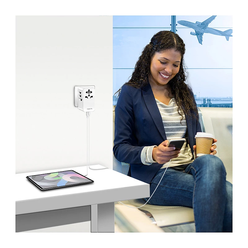 LOGILINK PA0357 Carregador de viagem USB-A/C, 70 W GaN, 4 portas, 2x USB-A (QC), 2x USB-C (PD), slim, branco