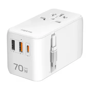 LOGILINK PA0357 Carregador de viagem USB-A/C, 70 W GaN, 4 portas, 2x USB-A (QC), 2x USB-C (PD), slim, branco