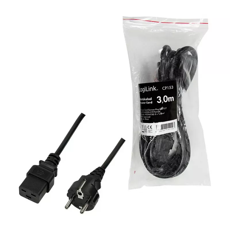 Logilink Cabo de alimentação, CEE 7/7 para IEC C19, preto, 3 m