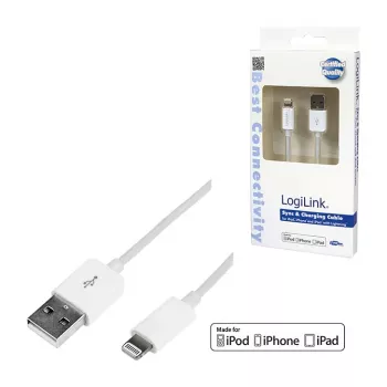 Logilink UA0199 cabo Lightning, certificado MFI, USB-A para Lightning 8 pinos, branco, 1m (carregamento rápido e sincronização)