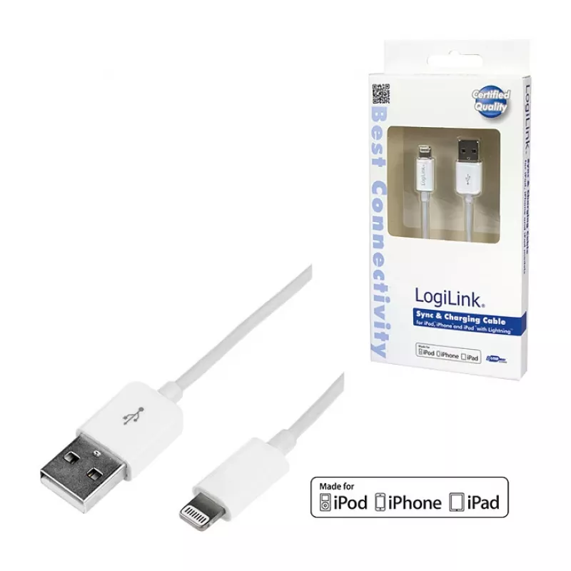 Logilink UA0199 cabo Lightning, certificado MFI, USB-A para Lightning 8 pinos, branco, 1m (carregamento rápido e sincronização)