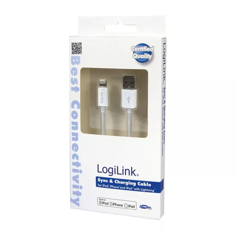 Logilink UA0199 cabo Lightning, certificado MFI, USB-A para Lightning 8 pinos, branco, 1m (carregamento rápido e sincronização)
