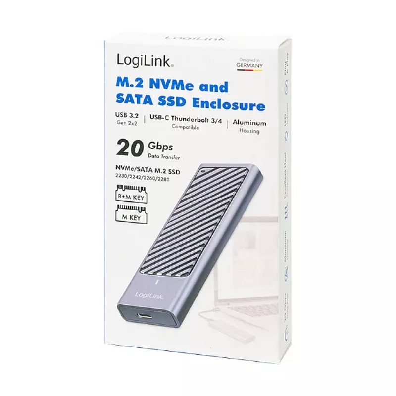 LogiLink UA0435 caixa para SSD USB 3.2 Gen 2x2, M.2 NVMe/SATA, USB-C, 20 Gbps, cinzento