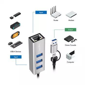 Logilink UA0440 Hub USB 3.2 Gen 1 de 3 portas com adaptador Gigabit Ethernet, conector USB-C e USB-A, alumínio