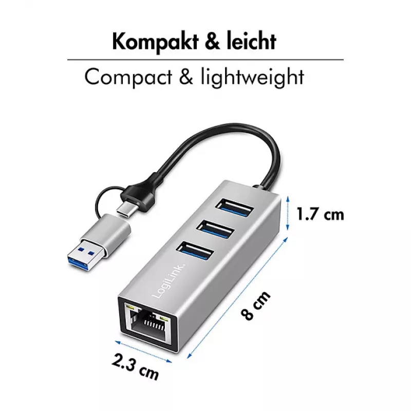 Logilink UA0440 Hub USB 3.2 Gen 1 de 3 portas com adaptador Gigabit Ethernet, conector USB-C e USB-A, alumínio