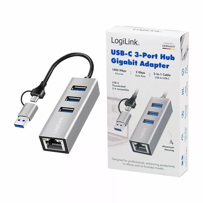 Logilink UA0440 Hub USB 3.2 Gen 1 de 3 portas com adaptador Gigabit Ethernet, conector USB-C e USB-A, alumínio