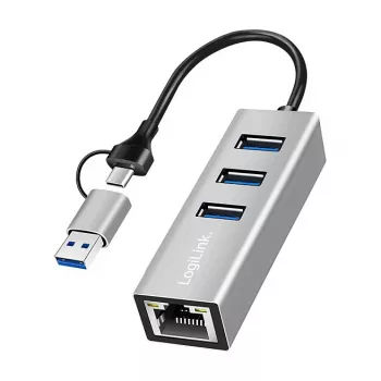 Logilink UA0440 Hub USB 3.2 Gen 1 de 3 portas com adaptador Gigabit Ethernet, conector USB-C e USB-A, alumínio