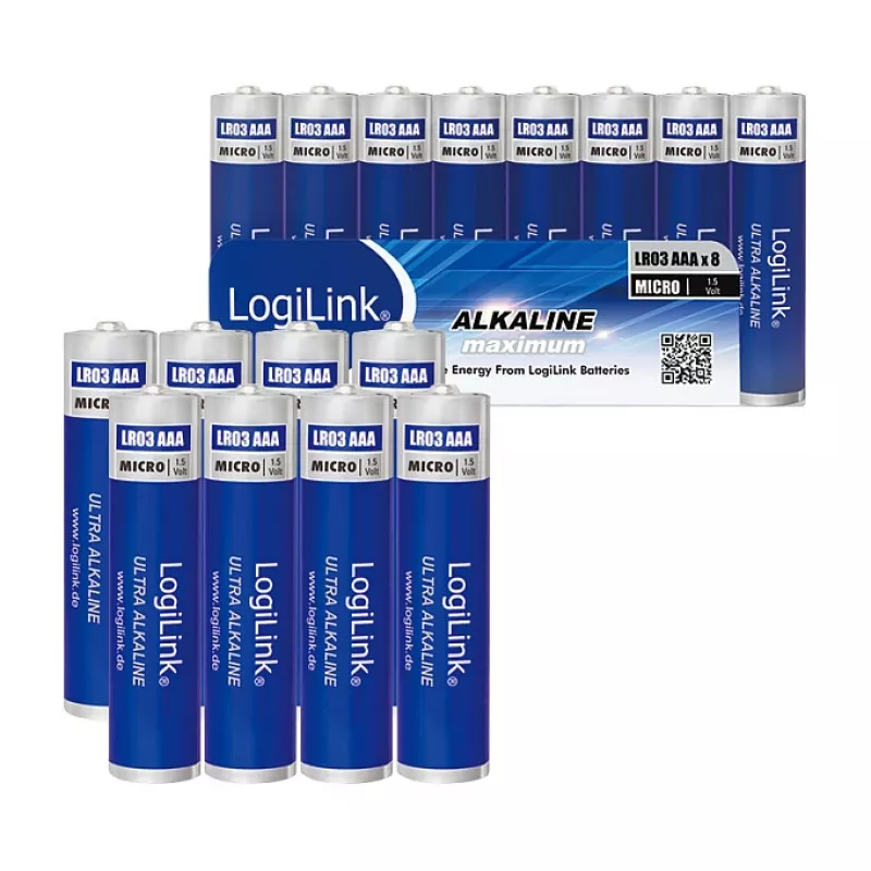 Pilhas alcalinas LogiLink Ultra Power AAA, pack de 8, 1,5 V, Longlife Power, sem mercúrio