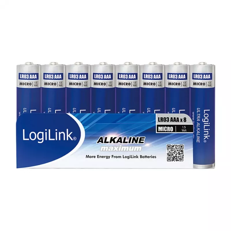 Pilhas alcalinas LogiLink Ultra Power AAA, pack de 8, 1,5 V, Longlife Power, sem mercúrio