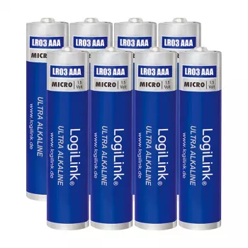 Pilhas alcalinas LogiLink Ultra Power AAA, pack de 8, 1,5 V, Longlife Power, sem mercúrio