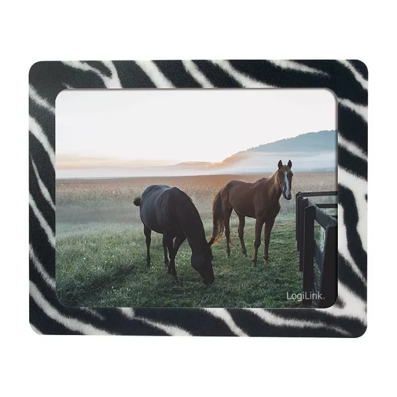 LogiLink Tapete de rato ultrafino com moldura integrada, design zebra, base de borracha antiderrapante, 2 mm, foto 10 x 15 cm, preto/branco