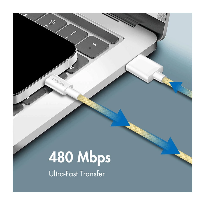 LogiLink Cabo USB 2.0 Type-C, ficha USB-A para ficha USB-C, 480 Mbit/s, 60W Power Delivery, trança de nylon, amarelo, 1 m